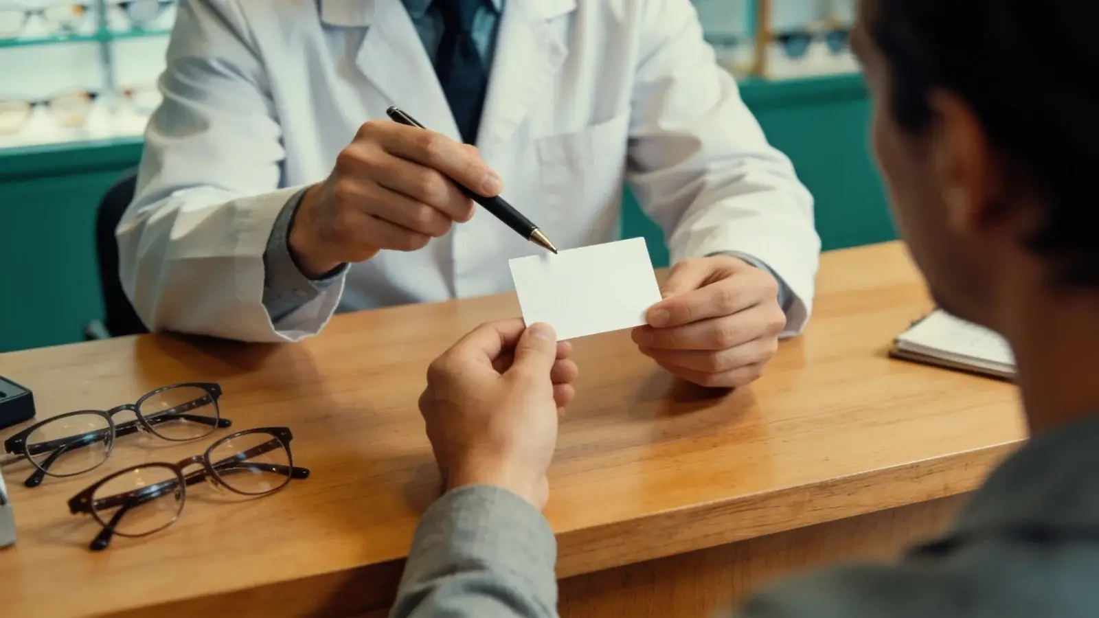 Optometrista ukazuje pacientovi na kartičke s očným predpisom význam jednotlivých hodnôt