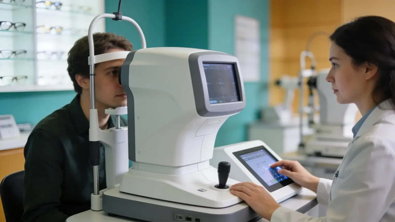 Pacient sedí za fóropterom pri refrakčnom teste, optometrista mu strieda korekčné šošovky