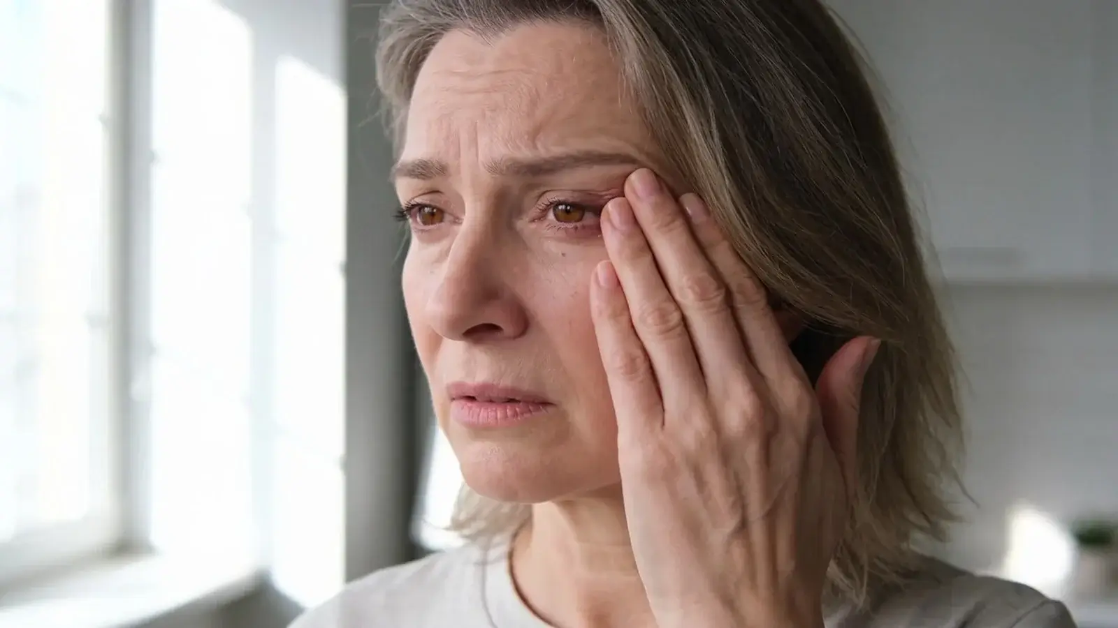 Žena si dlaňou pritláča bolestivé oko pri pohľade do okna
