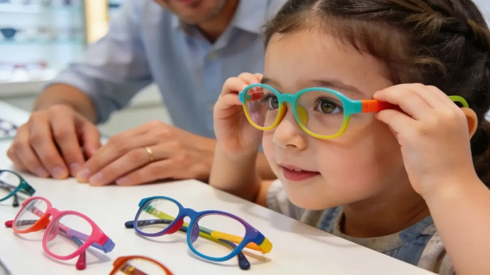 Malé dieťa si u optika skúša niekoľko detských okuliarových rámov