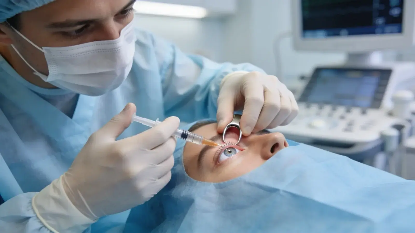 Očný lekár podáva pacientovi anti-VEGF injekciu do oka počas ambulantného zákroku