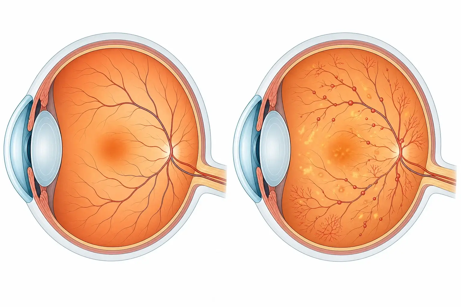 Schéma zdravej sietnice v porovnaní so sietnicou postihnutou diabetickou retinopatiou s výdutinami ciev a opuchom makuly