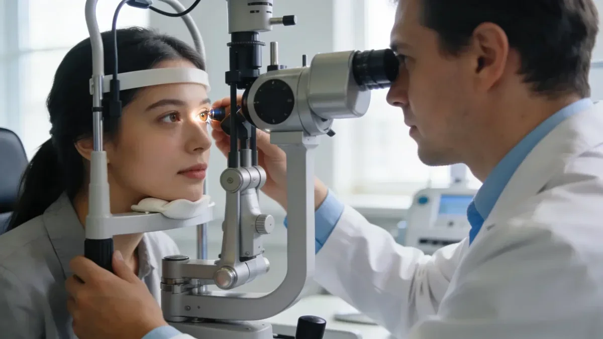 Optometrista vyšetruje pacientku na štrbinovej lampe pred predpisom kontaktných šošoviek v svetlej ordinácii