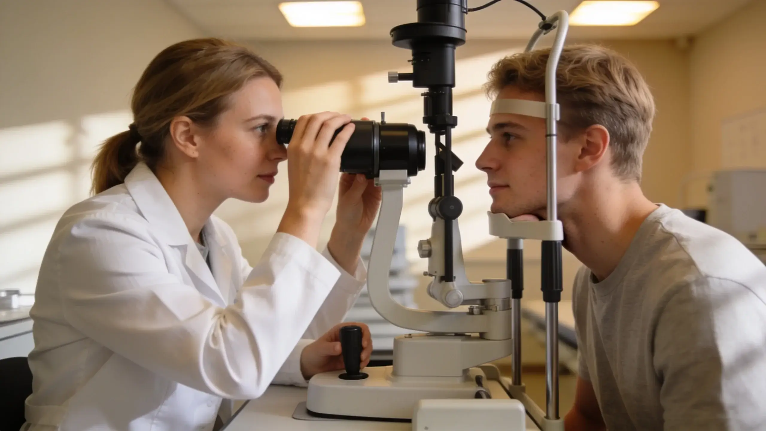 Optometrista vyšetruje pacienta foroptorom pri určovaní dioptrií.