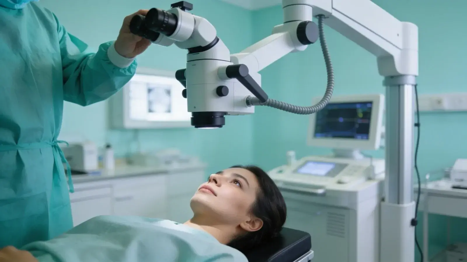 Pacient počas laserovej operácie očí pod laserovým prístrojom v ordinácii