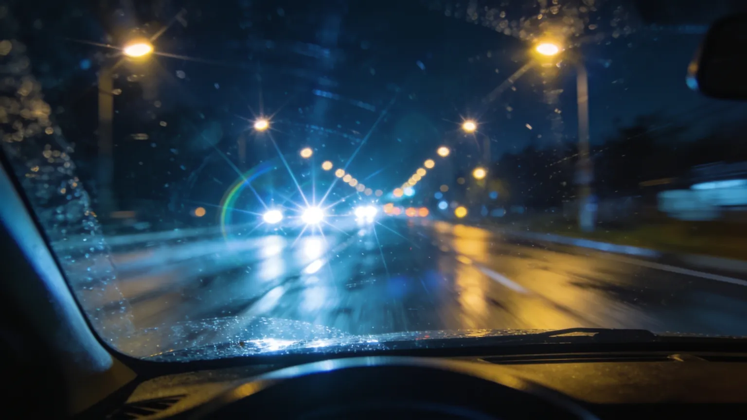 Pohľad cez čelné sklo v noci s halo efektmi okolo pouličných svetiel a reflektorov